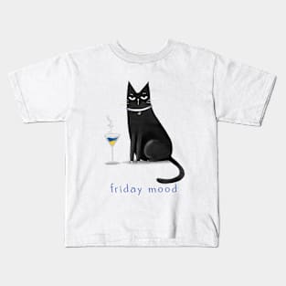Cartoon black cat with a glass martini Kids T-Shirt